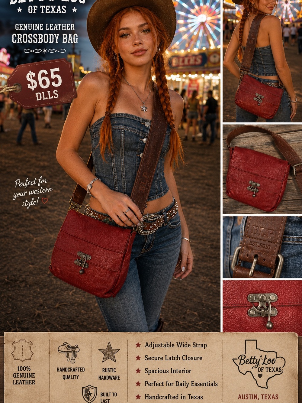 BettyLoo Red Leather Crossbody Bag with Adjustable Wide Strap Real resister
